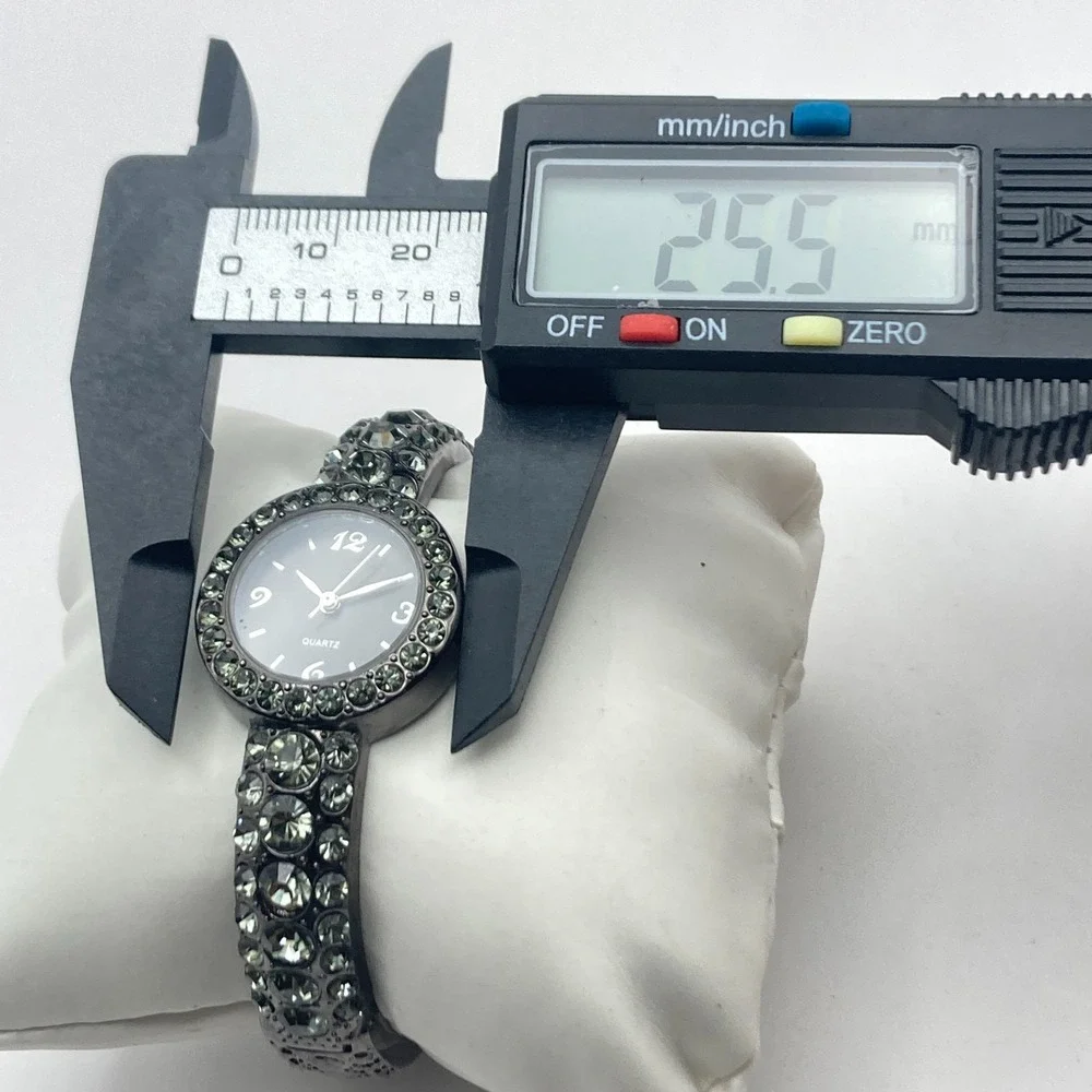 Modern Women's Watch Black Metallic Cuff 24mm Crystals Bling New Battery 6.5